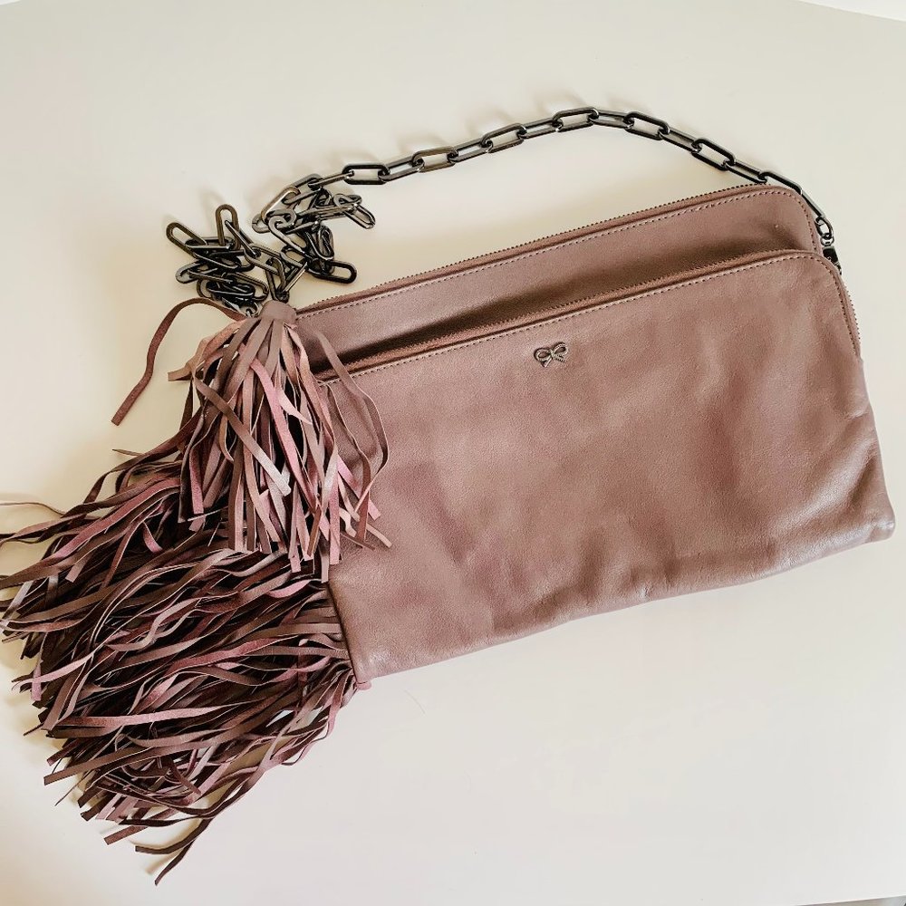 ANYA HINDMARCH FRINGED FOLDOVER WITH TASSEL LEATHER CLUTCH BAG
